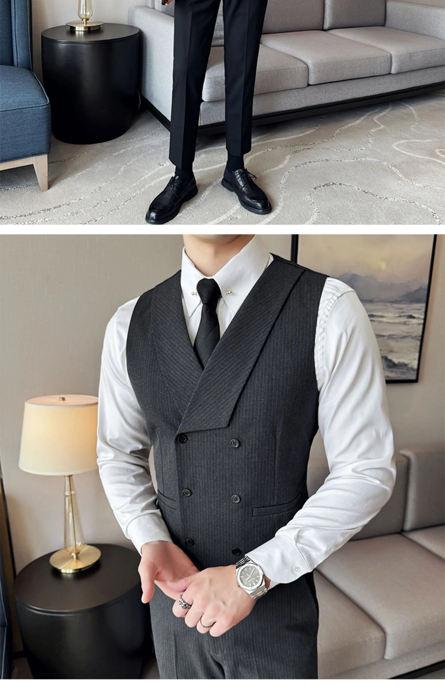 ( Vest + Pants) Double Breasted Stripe Suit Vest With Pants New Men Fashion Slim Business Casual Wedding Dress Vest 2 Pcs Sets