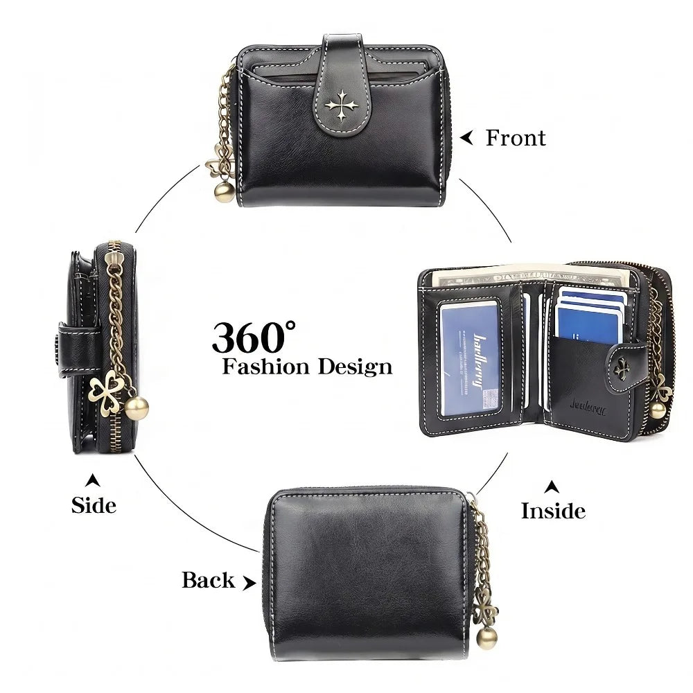 Blocking Oil Wax Leather Women Mini Wallet Multi Card Clover Zipper Coin Purse Portable Ladies Purse Office Travel Daily