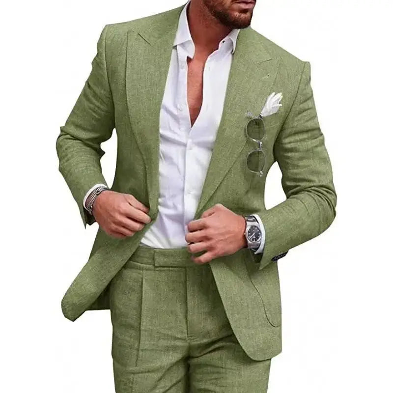 Men's Linen Suit 2 Piece Slim Fit Suit Summer Beach Wedding Suit Groosmen Prom Tuxedo Linen Blazer Pants Set