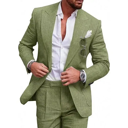 Men's Linen Suit 2 Piece Slim Fit Suit Summer Beach Wedding Suit Groosmen Prom Tuxedo Linen Blazer Pants Set