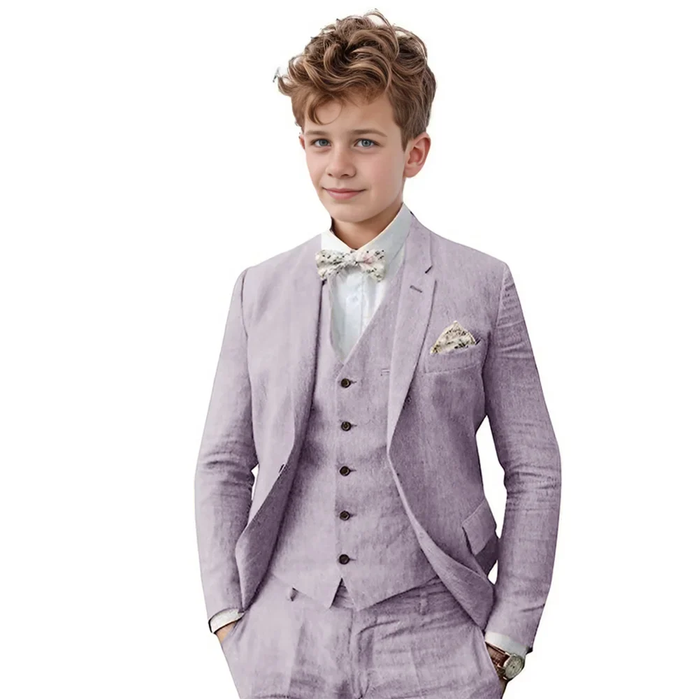 Breathable Linen Boys Suit Set 3 Pieces For Wedding Party,Notched Lapel Kids Suits Piano Performance Outfit Toddler 3-16Y