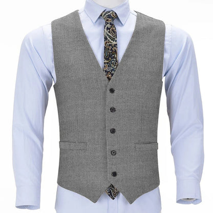 Men Vest Brown Herringbone Single Button V Neck Solid Waistcoat For Business Banquet Work Casual Daily Men Suit Vest