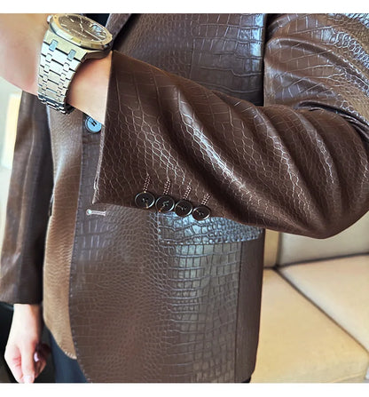 New High Quality Crocodile Stripe Slim Fit Leather Jacket Classic Business Casual Slim Fit Men Blazer Tuxedos Men Clothing 4XL-M