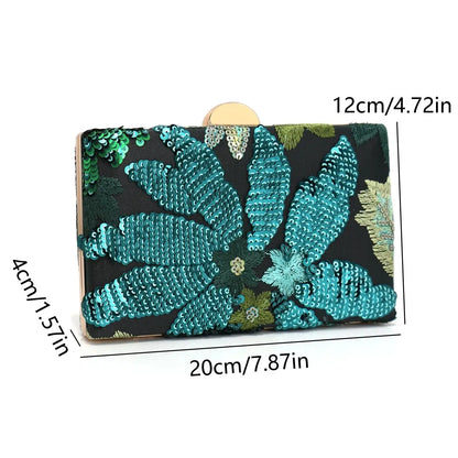 Green Sequin Embroidered Floral Evening Bag Ladies Square Box Bag Unique Pattern Glittering Party Wedding Dance Suitable