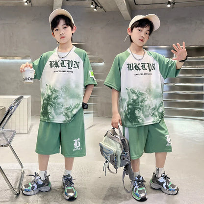 New Boys Clothing Sets Summer T-Shirt Short Sleeve+Shorts Kids Boy Sportsuit Children's Outfits Suit Teenager 5 6 8 10 12 14Yrs