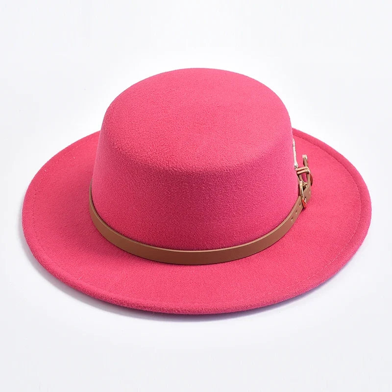 New Metal R Letter Fedora Hat for Women Fashionable Winter Flat Top Wedding Church Bowler Cap Females Elegant Holidays Hat