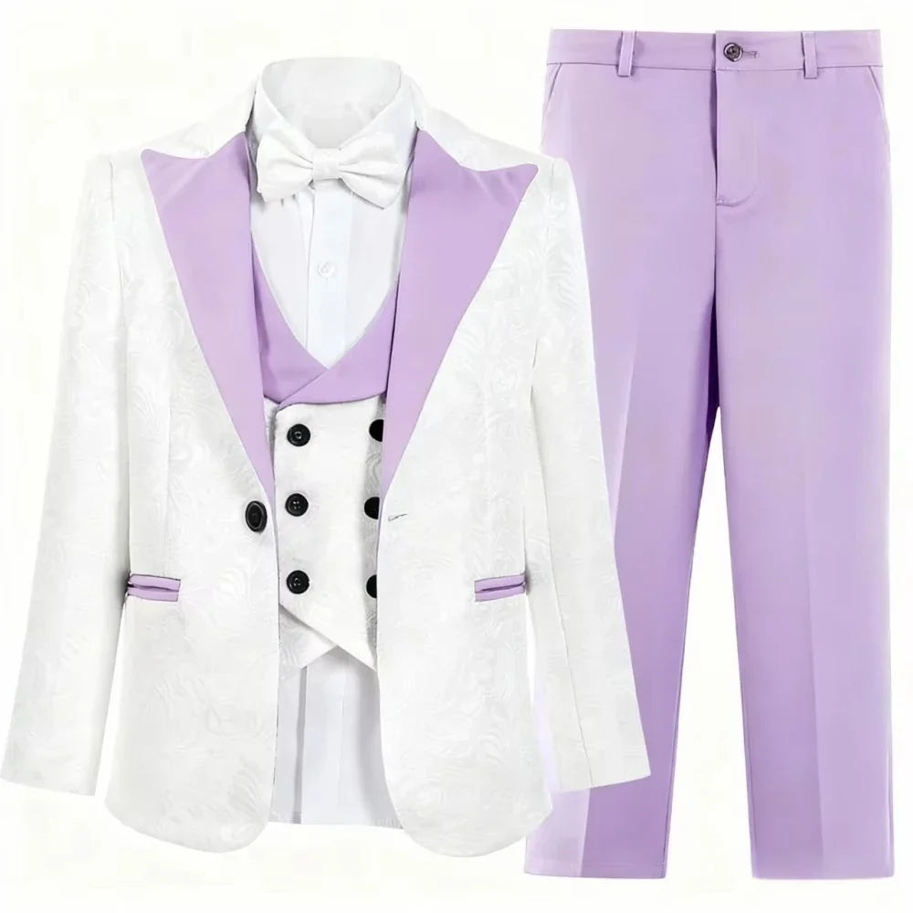 Hot Selling Stylish Paisley Jacquard Boys Formal Suit Set 3-14 Years 4 Piece Kids Wedding Tuxedo Elegant Blazer Vest Pants Bow