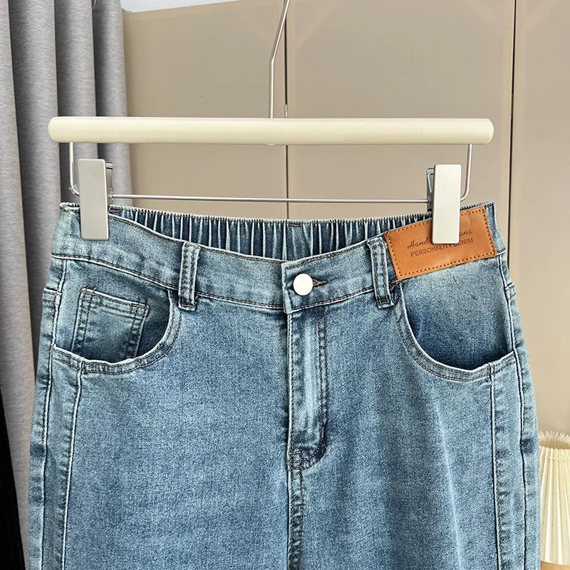 Women's Split Leg Opening Drainpipe Jeans, Casual Ankle Length Denim Pants, Straight Leg, Plus Size, Spring, Autumn, 100kg, 1649