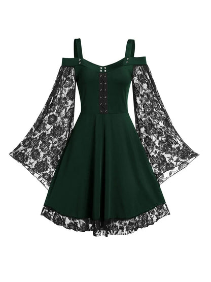 2022 New Gothic One-shoulder Lace Stitching Flared Sleeve Dress Literary Vintage Autumn Grunge Black A-line Dress Punk Partywear