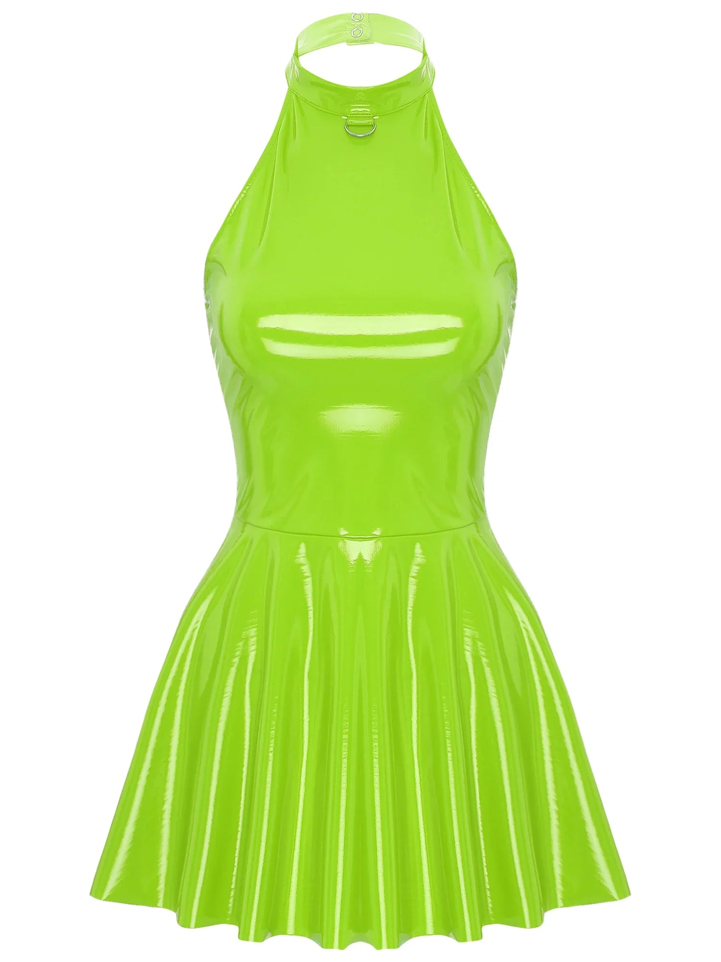 Womens Glossy Patent Leather Glossy Mini Skater Dress Halter Backless Bodycon Lingerie A-Line Dresses Rave Disco Party Clubwear