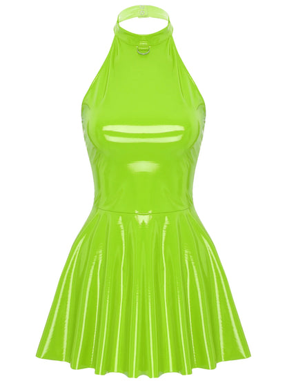 Womens Glossy Patent Leather Glossy Mini Skater Dress Halter Backless Bodycon Lingerie A-Line Dresses Rave Disco Party Clubwear
