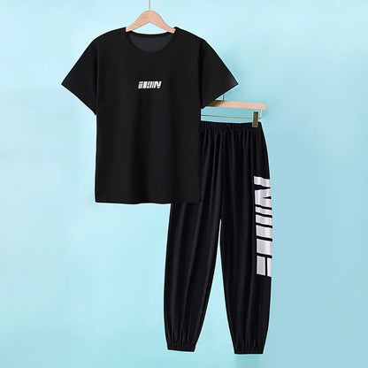 2-pcs Summer Youth Fashion Letter Set 13-16 Year Old Boys and Girls Simple and Versatile Letter Short Sleeve T-shirt Black Pants
