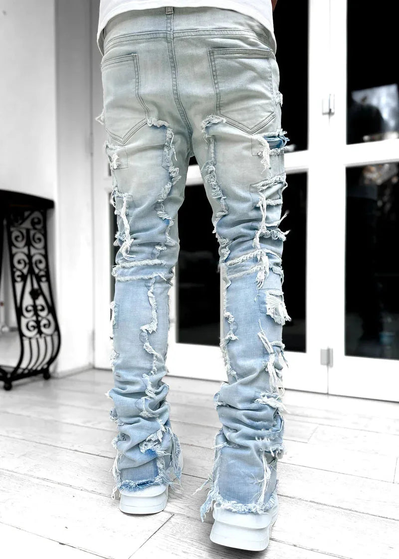New European and American Heavyweight Streetwise Stretch Patch Jeans for Men, High Street Straight Fit Long Jeans16-3001