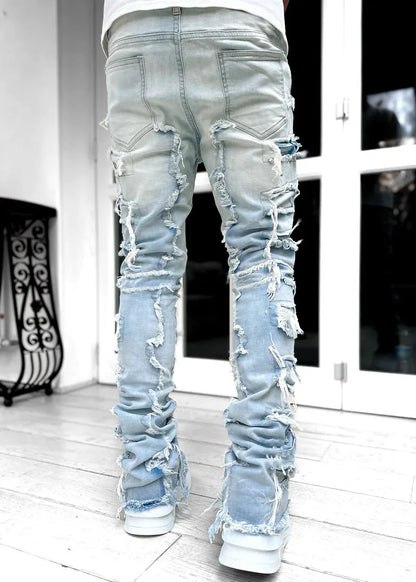 New European and American Heavyweight Streetwise Stretch Patch Jeans for Men, High Street Straight Fit Long Jeans16-3001