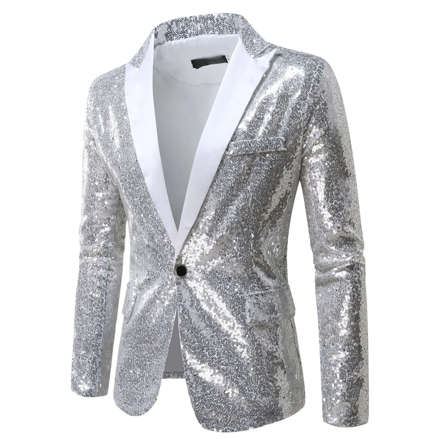 2026 Men's Suit Jacket, Shiny Sequin Stage Performance Coat, White Silver Blue Red Purple Blazers V-neck Single Button S-XXL