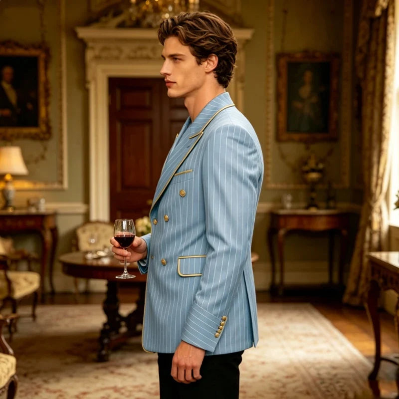 Luxury Men's Pinstripe Blazer Gold Trim Peak Lapel Formal Suit Breathable Lightweight Jacket for Business Party Wedding Coat