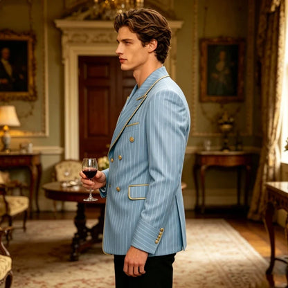 Luxury Men's Pinstripe Blazer Gold Trim Peak Lapel Formal Suit Breathable Lightweight Jacket for Business Party Wedding Coat