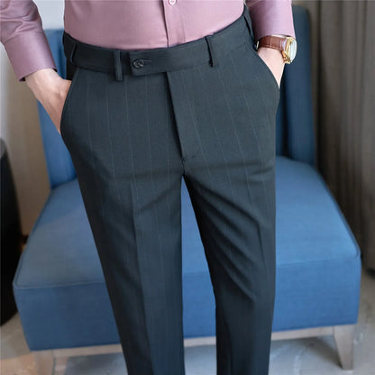 High Qualitys Wool Elastic Waist Striped Suit Pants Autumn Winter Thickening Men Business Slim Fit Social Casual Trousers Hommes
