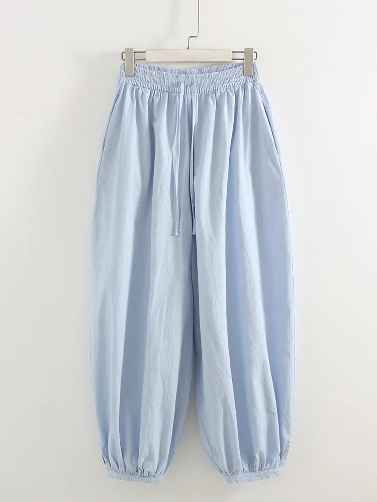 Summer Cotton Oversized Pants For Women Blue Baggy Aladdin Trousers Elastic Bloomers Navy Blue Cropped Lantern Harem Pants Woman