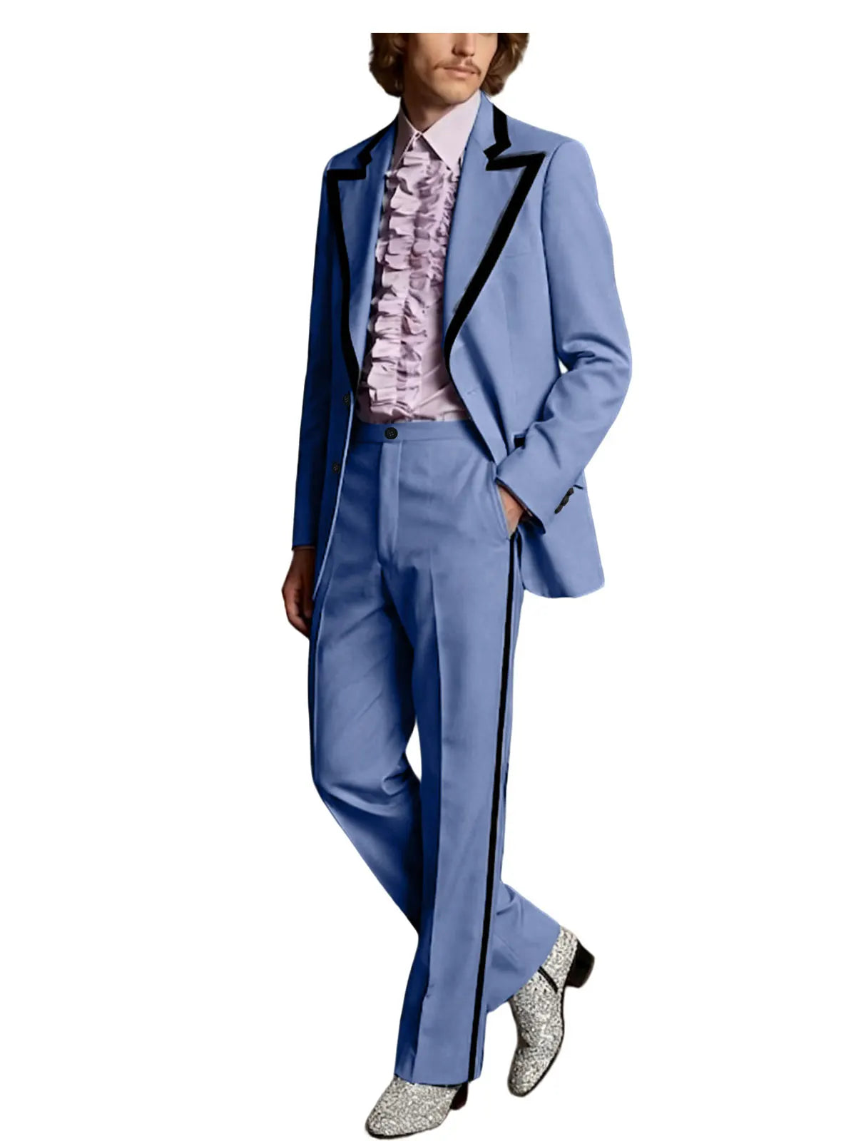 Men's Tuxedo Suit with Black Trim 2-Piece Slim Fit Blazer Pants Set Business Casual Jacket Straight Leg Trousers Formal Outfit