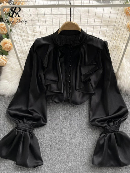 High Quality Satin Loose Shirt Long Flared Sleeves Ruffles O Neck Beading  Women Gentle Office Lady Casual Blouse