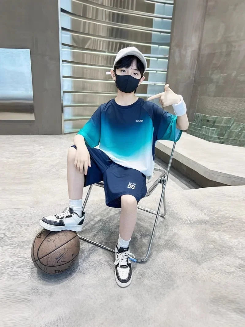 Summer Boys Gradient Quick-dry T-Shirt Top+Shorts Pant Sportswear Set School Kids 2PCS Tracksuit Children Jersey Outfit 5-16 Yr