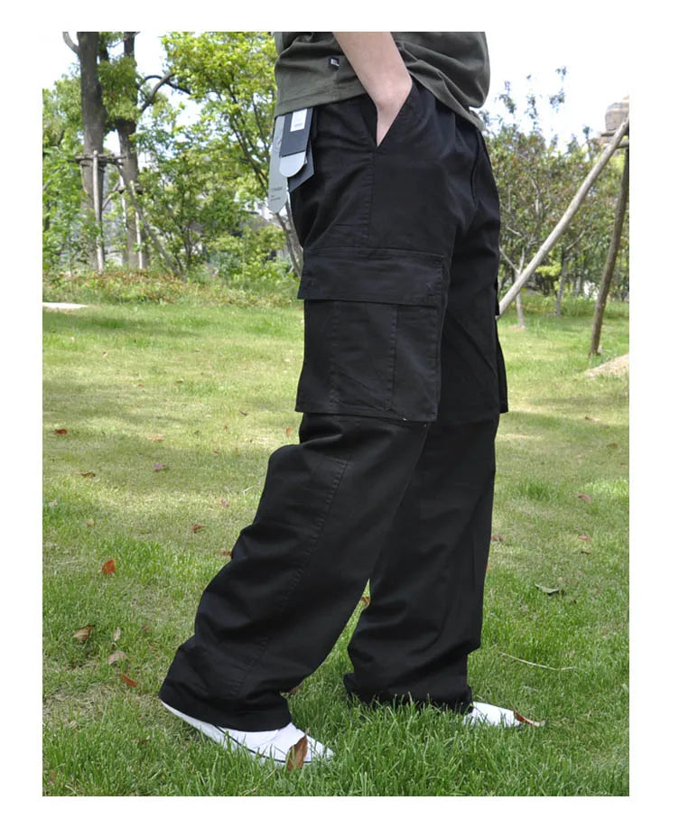 Spring Men cargo cotton pants pocket large size big 8XL 10XL 9XL 140KG loose out door casual safari style pants black 46 48 50