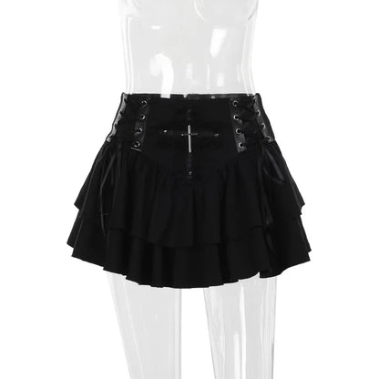 Punk Cross Patchwork Pleated Skirts Mall Gothic Techwear Bottoms Grunge Aesthetic Women Bandage Mini Skirt Alt Clothes