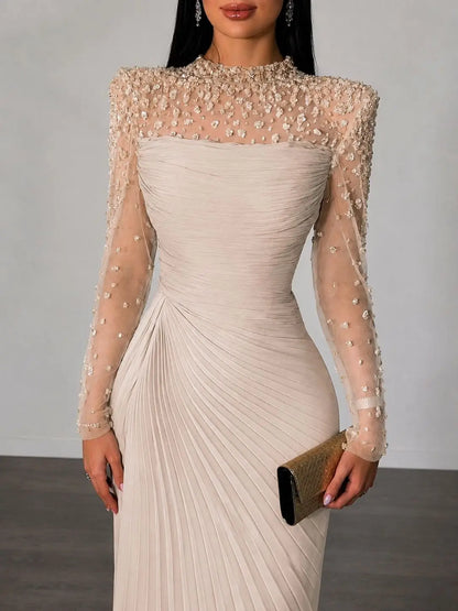 Women'S Formal Evening Gowns Customize Scoop Neck Beading Luxury Evening Dresses Long Sleeves Straight Floor-Length