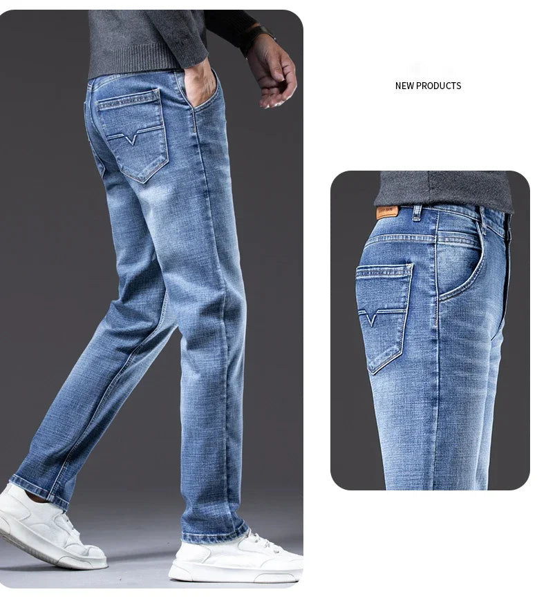 New Men's Slim Straight Elastic Jeans Fashion Business Casual Comfortable Soft Denim Trousers High Quality Mens Designer Clothes