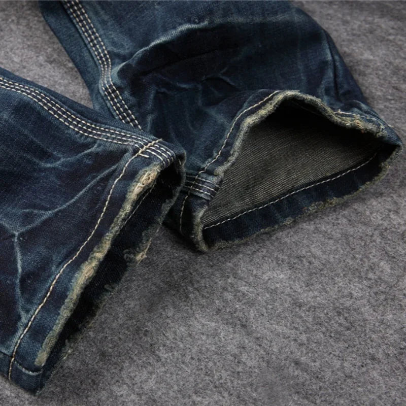 Men's Personalized Ripped Jeans Retro Distressed New Style Straight Slim Fit Casual High Street Fashion Denim Long Pants Male