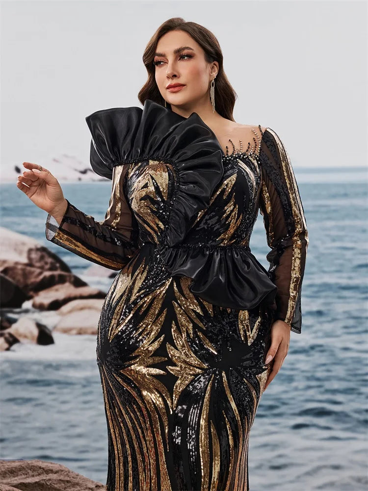 Plus Size Luxury Ruffled Sequins Evening Dresses Elegant Long Sleeve Mermaid Formal Wedding Party Cocktail Gowns