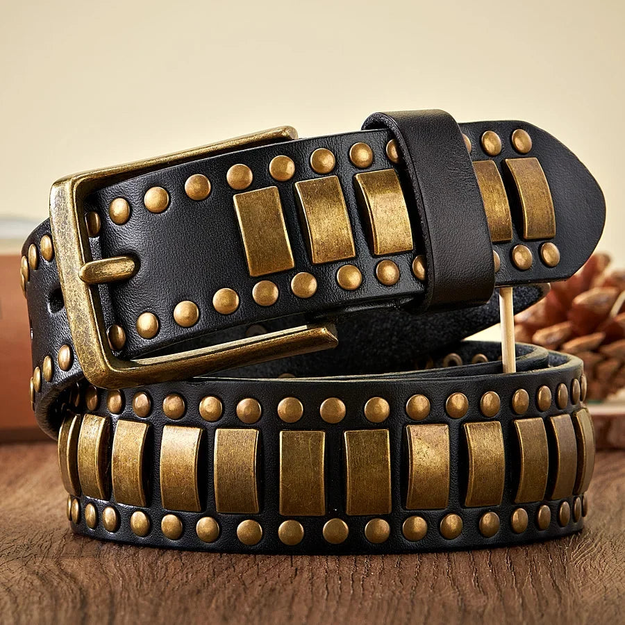 Punk Rock Belts Geometry Pattern for Men for Women Rivet Studded Belts First Layer of Cowskin Hip Pop Decorative Belts