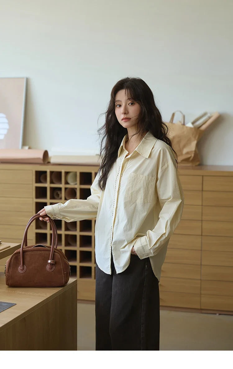 100% Cotton Shirt For Women Autumn 2025 New Fashion Petal Ribbon Button Long Sleeves Shirt Women's Clothing MXE41C2349