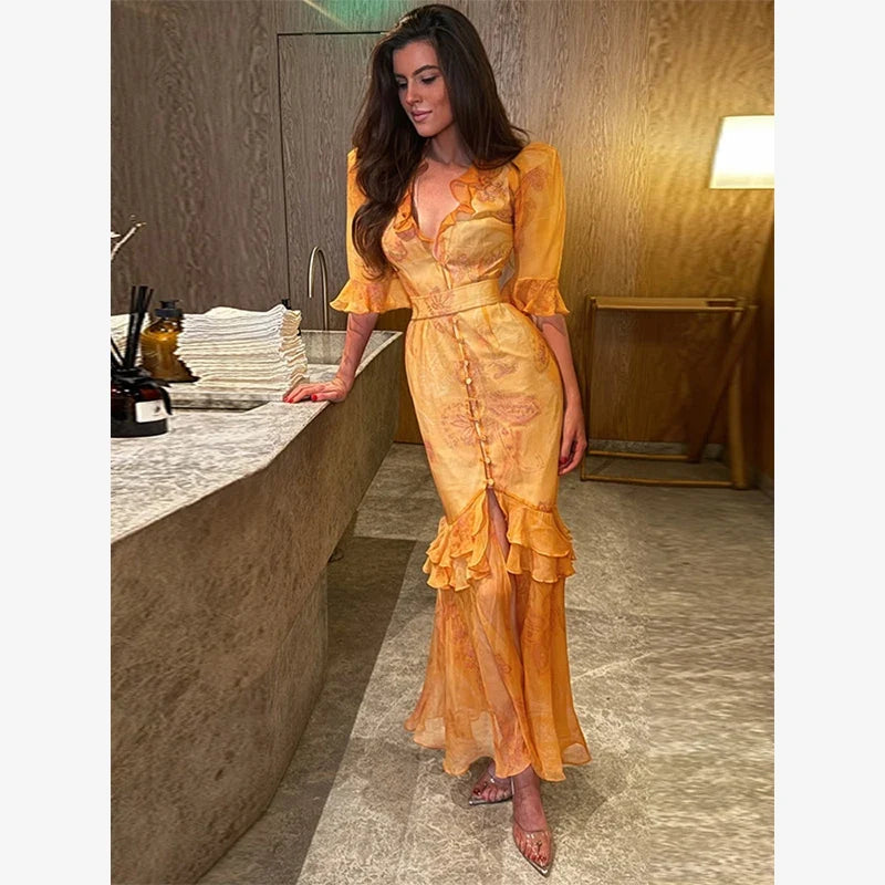 V-neck Organza Floral Chiffon Puff Sleeve Slit Long Dress Bodycon High Slit Bodycon Sexy Dresses Lady Chic Daily Sweet Date Robe