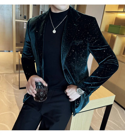 High Quality Velvet Bronzing Suit Coats Mens Sparkle Elegant Slim Business Suits Jacket Homme Formal Social Prom Party Tuxedos