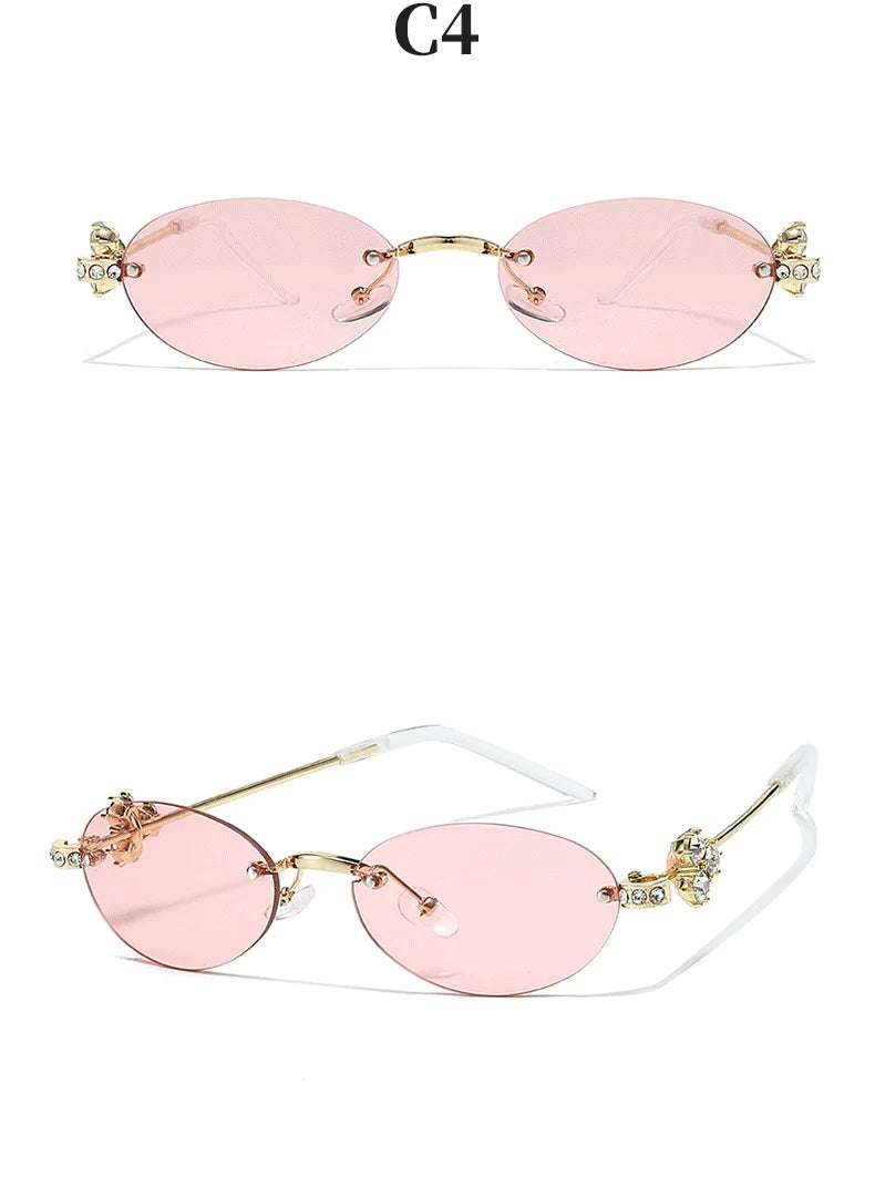 Women's Fashion Glasses Exquisite Diamond Decoration Sunglasses Oval Shaped Frame Cut Edge Frameless Small Outdoor Sun Glasses