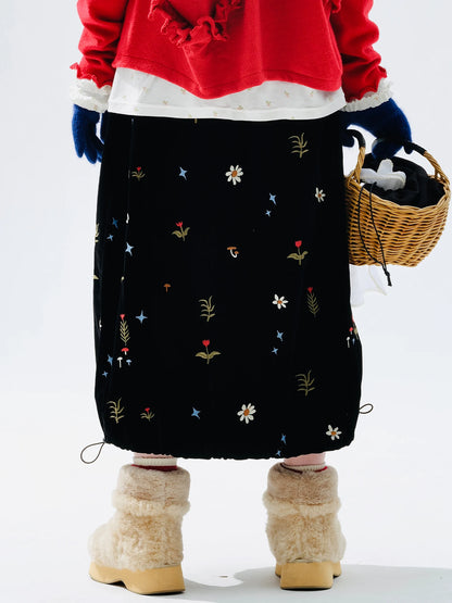 Embroidered Floral Midi Skirt, Vintage Velvet, Daily Outing, Mori - style Healing Vibe 255288