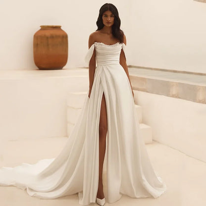 Customzied Wedding Dress Elegant Off The Shoulder Pleat Body Pearls Applique High Split A Line Satin Bridal Gown for Woman Bride