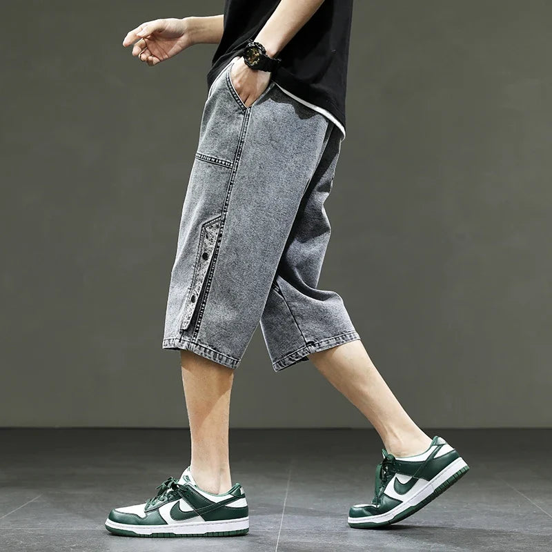 Korean Style Summer Men's Black Wide Leg Denim Shorts New Fashion Casual Baggy Short Jeans Male Plus Size 6XL 8XL YBR602