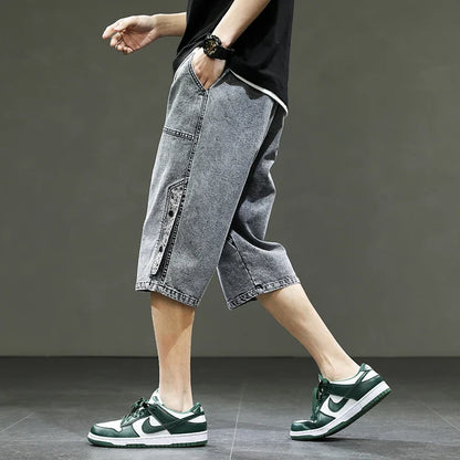 Korean Style Summer Men's Black Wide Leg Denim Shorts New Fashion Casual Baggy Short Jeans Male Plus Size 6XL 8XL YBR602