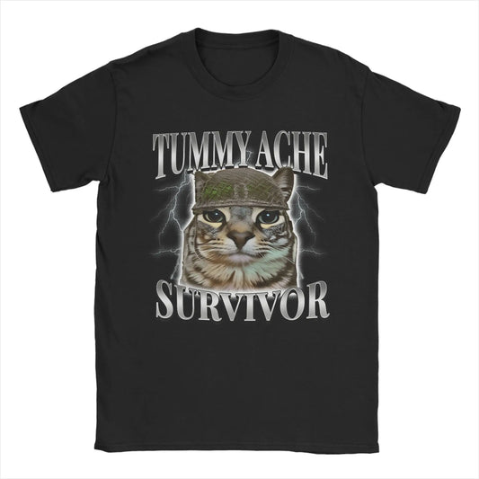Tummy Ache Survivor Cat Meme Funny Saying Cats Animals T Shirt Summer  Pure Cotton T-Shirts For Men's Trending Casual Tee Shirt