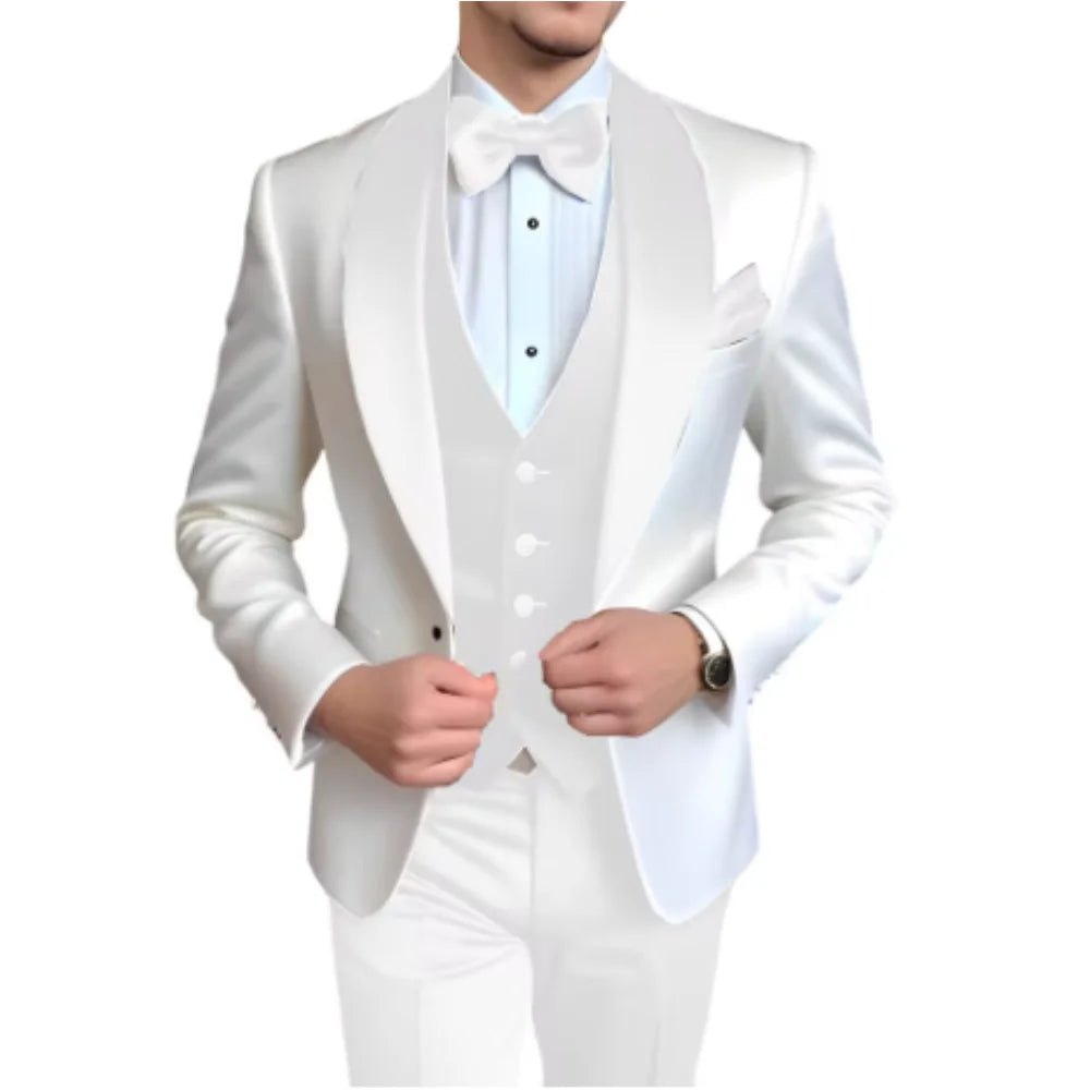 Customized Men's 3 Piece Tuxedo With Scarf Lapel Smoking Suit Wedding Groomsmen Formal Party Blazer Terno Masculino