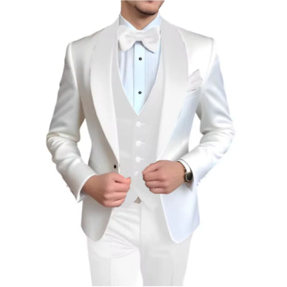 Customized Men's 3 Piece Tuxedo With Scarf Lapel Smoking Suit Wedding Groomsmen Formal Party Blazer Terno Masculino
