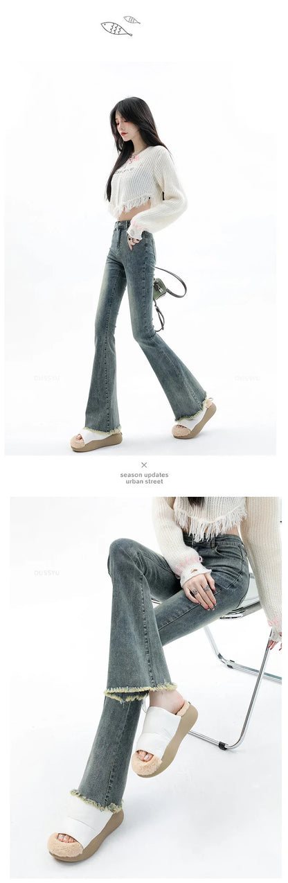 Spring Summer Flared Jeans Women Cotton Vintage Blue Denim Pants Streetwear Elastic High Waist Slim Harajuku Trouser Plus Length