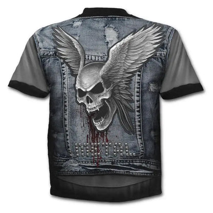 New retro street punk motorcycle men's T-shirt 3D shirt casual fashion hip-hop horror short sleeved round neck men's clothing