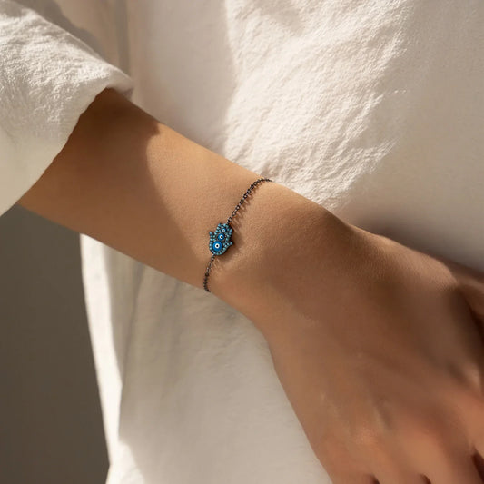 Bracelet à Maillons en Argent Sterling 925 Émail Bleu Turquoise Synthétique Yeux de Fantôme Noirs Bracelets à Paumes pour Femmes Bijoux
