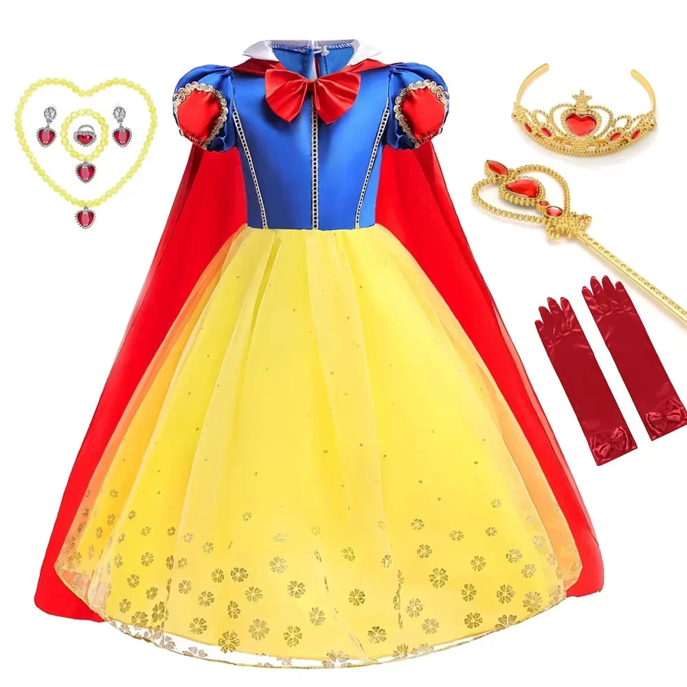 Summer Deluxe Princess Snow White Gown with Cape Girls Fairy Kids Cosplay Costume Toddler Carnival Apparel Halloween Dress up