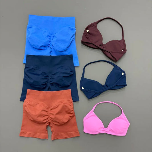 2 Piece Gym Sets Woman Sports Strappy Bra Seamless Set Quick Dry Fitness Squat Proof Shorts Sportswear Running Workout Suit