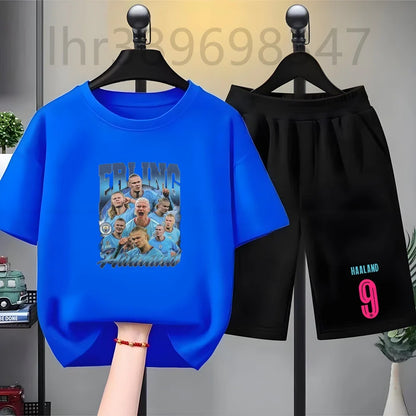 Summer Tees Football Famous General Print Set Suitable Children Short Sleeve Girls Boy Set Tshirt+Shorts 2pcs Kids Clothing